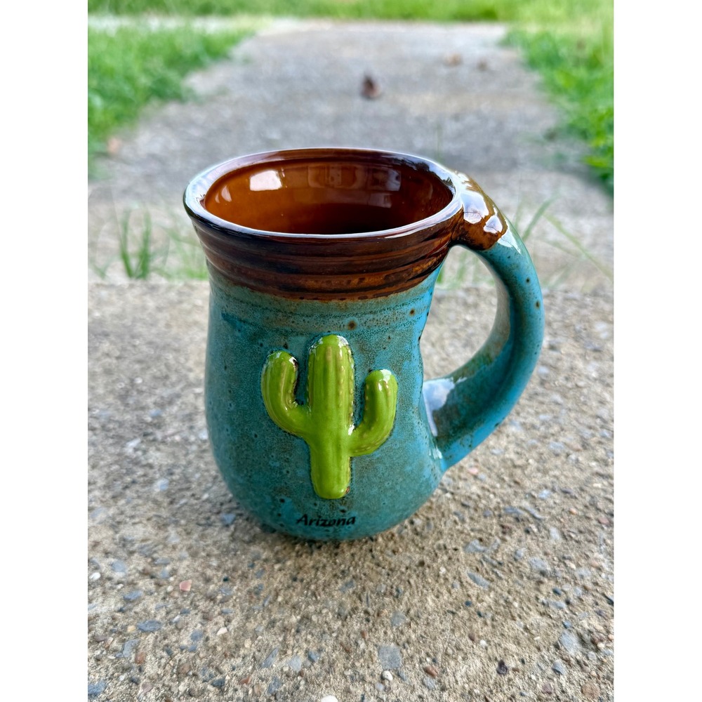 Cape Shore Arizona Souvenir Mug Turquoise Blue Brown Glaze 3D Saguaro Cactus Mug - Picture 2 of 8